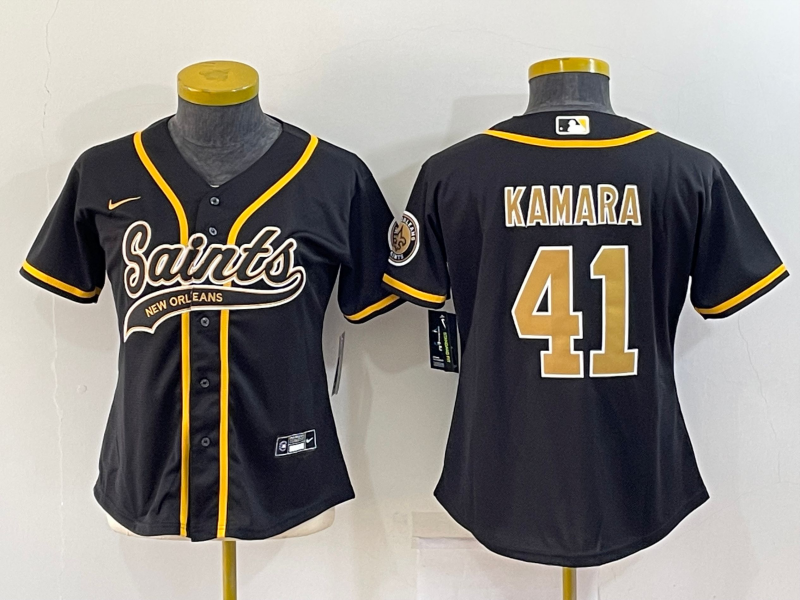 Women's New Orleans Saints #41 Alvin Kamara Black With Patch Cool Base Stitched Baseball Jersey(Run Small)